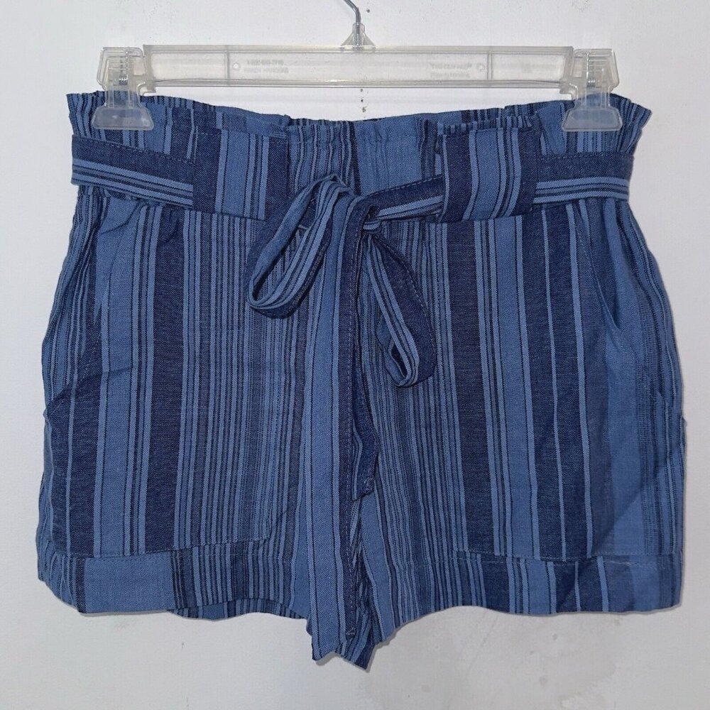 NWOT Indigo Rein Linen Blue Stripe Belted‎ Paperbag Short 3" Stretch High Waist